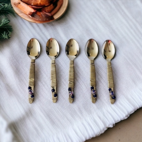Set of 5 Fancy Handmade Stainless Steel Beads Teaspoons Silverware - Picture 1 of 4